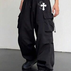 Black Cargo Pants with Unique Cross Design